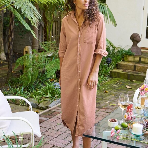 NEW FRANK & EILEEN RORY TATTERED DENIM MAXI LENGTH SHIRT DRESS IN DESERT SIZE S - Picture 1 of 8